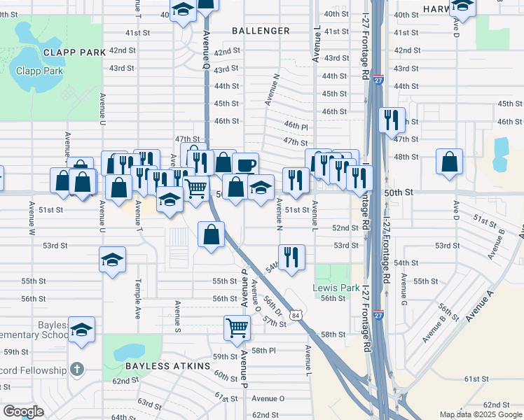 map of restaurants, bars, coffee shops, grocery stores, and more near 5100-5198 Avenue North in Lubbock
