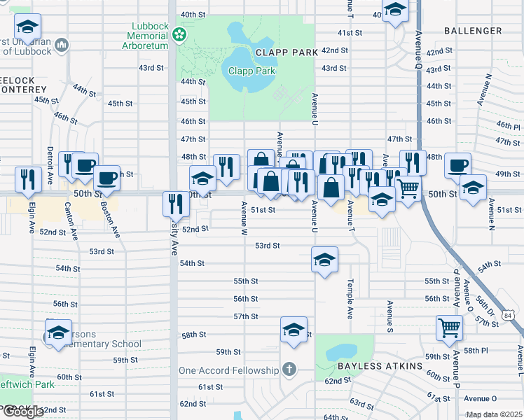 map of restaurants, bars, coffee shops, grocery stores, and more near 2129 51st Street in Lubbock