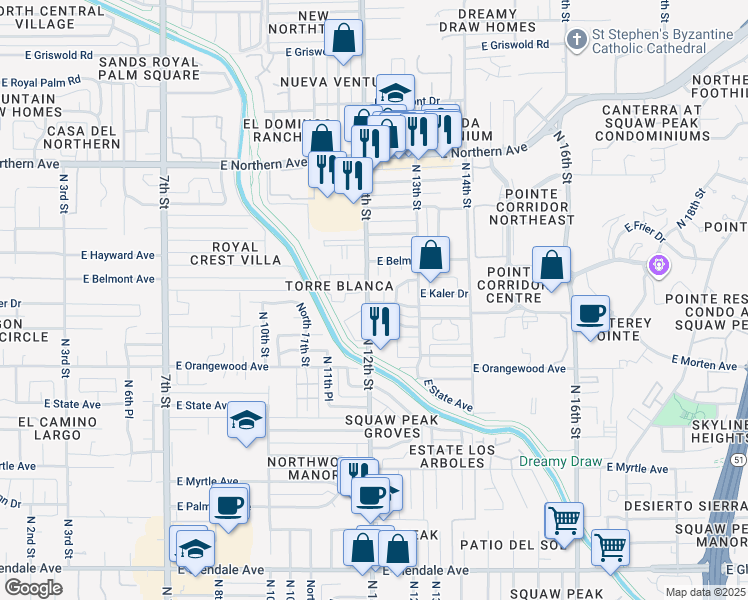map of restaurants, bars, coffee shops, grocery stores, and more near 1211 East Kaler Drive in Phoenix