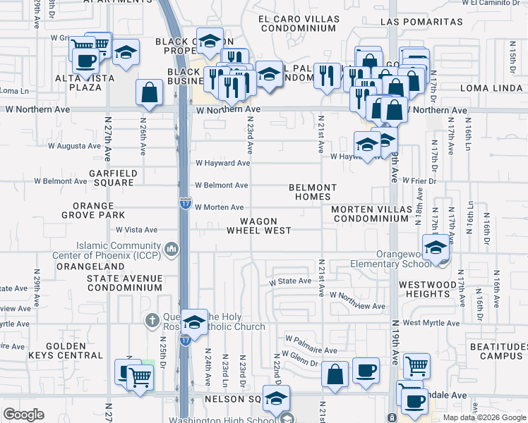 map of restaurants, bars, coffee shops, grocery stores, and more near 2220 West Vista Avenue in Phoenix