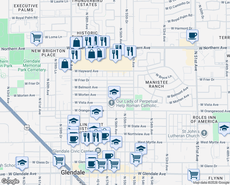 map of restaurants, bars, coffee shops, grocery stores, and more near 5617 West Morten Avenue in Glendale