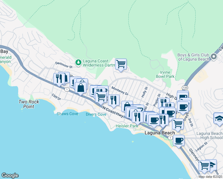 map of restaurants, bars, coffee shops, grocery stores, and more near 369 Hawthorne Road in Laguna Beach