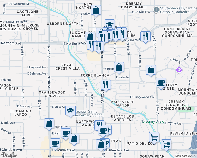 map of restaurants, bars, coffee shops, grocery stores, and more near 7550 North 12th Street in Phoenix
