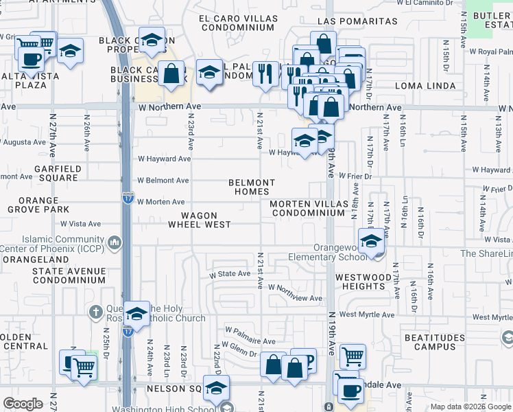 map of restaurants, bars, coffee shops, grocery stores, and more near 2103 West Morten Avenue in Phoenix