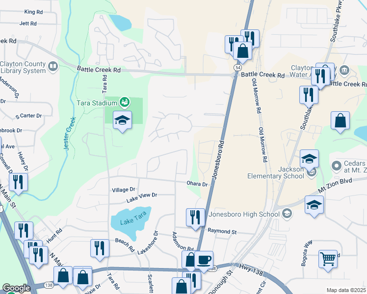 map of restaurants, bars, coffee shops, grocery stores, and more near 7495 Garnet Drive in Jonesboro