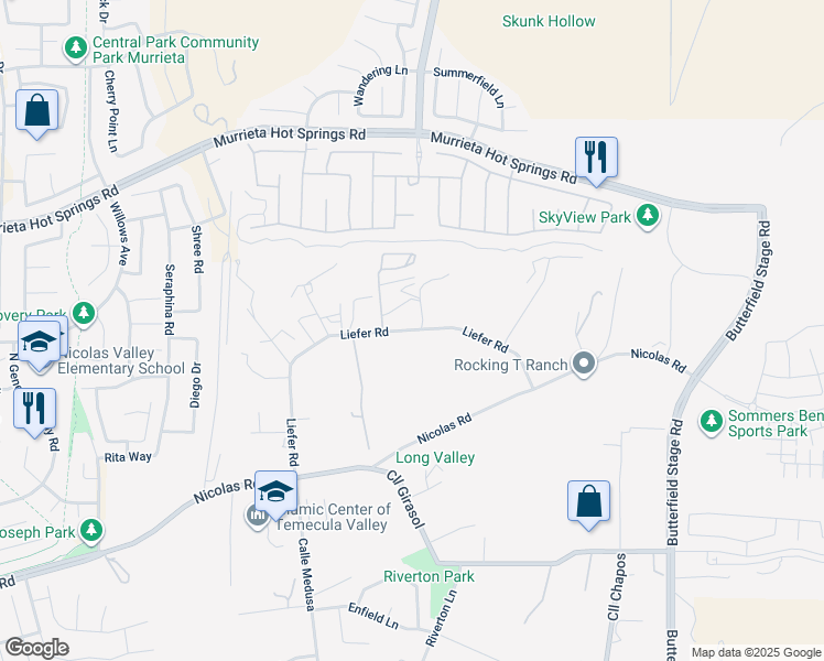 map of restaurants, bars, coffee shops, grocery stores, and more near Liefer Road in Temecula