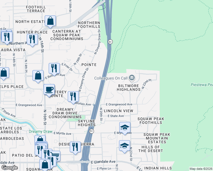 map of restaurants, bars, coffee shops, grocery stores, and more near 7355 North 20th Street in Phoenix