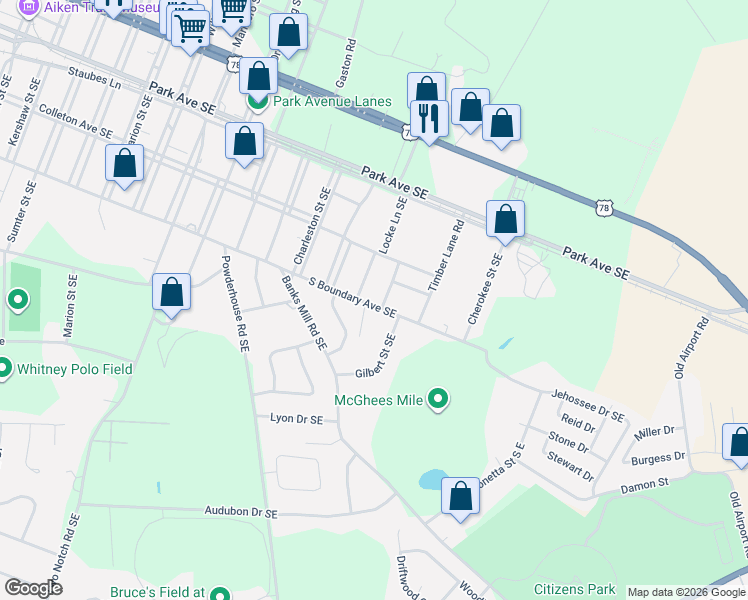 map of restaurants, bars, coffee shops, grocery stores, and more near 1621 South Boundary Avenue Southeast in Aiken
