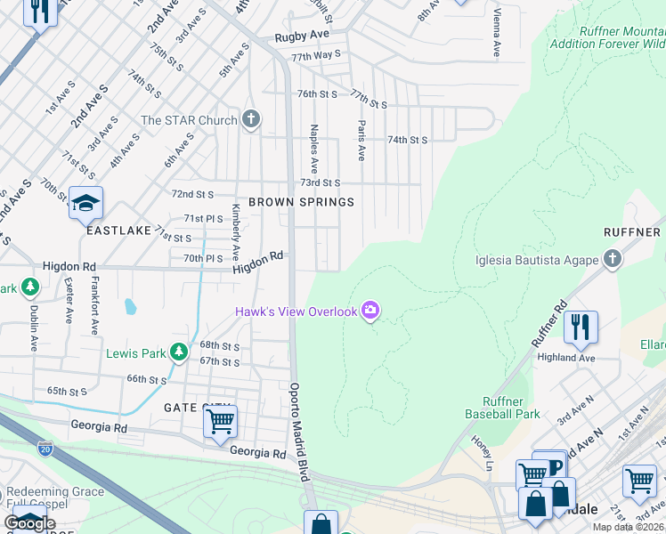 map of restaurants, bars, coffee shops, grocery stores, and more near 7101 Oporto Avenue in Birmingham