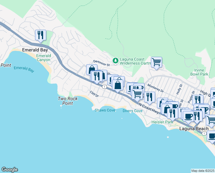 map of restaurants, bars, coffee shops, grocery stores, and more near 1027 North Coast Highway in Laguna Beach
