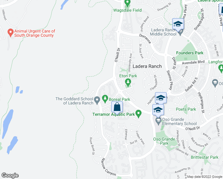 map of restaurants, bars, coffee shops, grocery stores, and more near 24/28 Orange Blossom Circle in Ladera Ranch