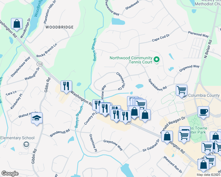 map of restaurants, bars, coffee shops, grocery stores, and more near 613 Chimney Hill Circle in Evans