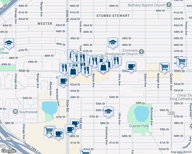 map of restaurants, bars, coffee shops, grocery stores, and more near in Lubbock
