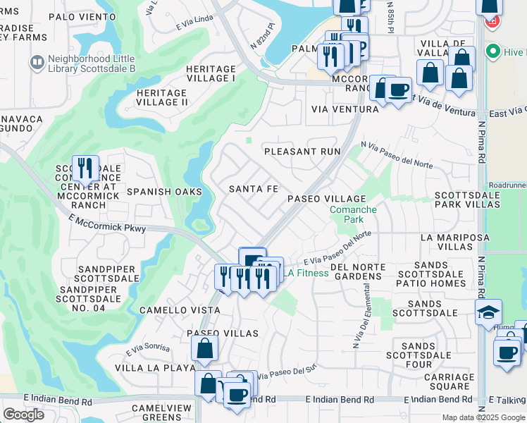 map of restaurants, bars, coffee shops, grocery stores, and more near 7640 North Vía De Platina in Scottsdale
