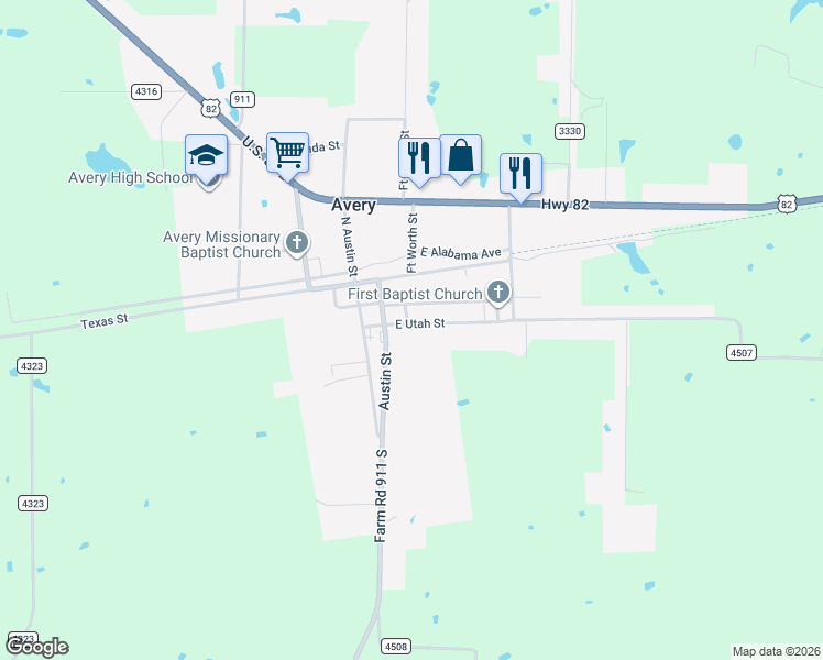 map of restaurants, bars, coffee shops, grocery stores, and more near 315 East Utah Street in Avery