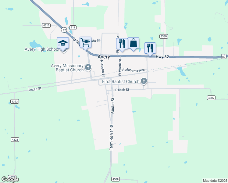 map of restaurants, bars, coffee shops, grocery stores, and more near 315 Utah Street in Avery