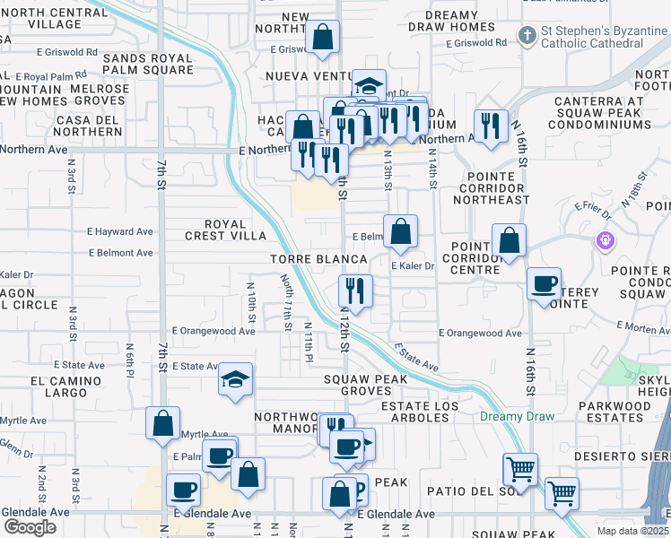 map of restaurants, bars, coffee shops, grocery stores, and more near 7550 North 12th Street in Phoenix
