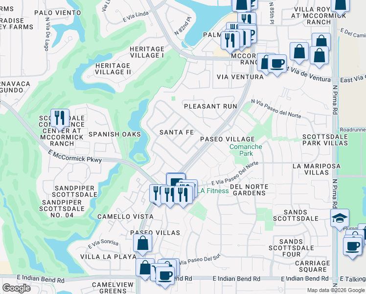 map of restaurants, bars, coffee shops, grocery stores, and more near 7640 North Vía De Platina in Scottsdale
