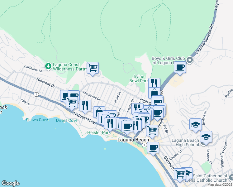 map of restaurants, bars, coffee shops, grocery stores, and more near 451 Holly Street in Laguna Beach
