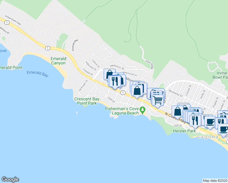 map of restaurants, bars, coffee shops, grocery stores, and more near 157 Chiquita Street in Laguna Beach