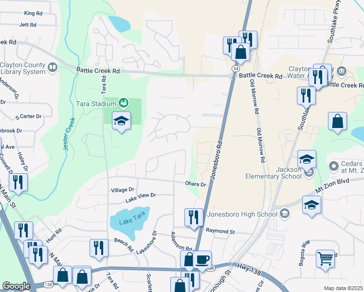 map of restaurants, bars, coffee shops, grocery stores, and more near 7495 Garnet Drive in Jonesboro