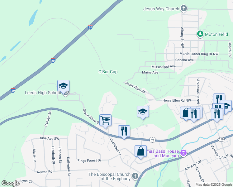 map of restaurants, bars, coffee shops, grocery stores, and more near 1100 Oak Trail Way in Leeds