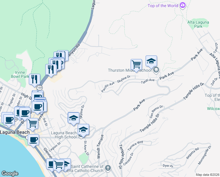 map of restaurants, bars, coffee shops, grocery stores, and more near 1475 Coral Drive in Laguna Beach
