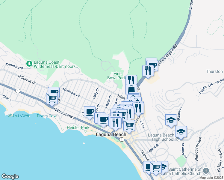 map of restaurants, bars, coffee shops, grocery stores, and more near 214 High Drive in Laguna Beach