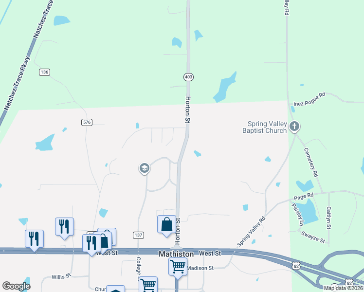 map of restaurants, bars, coffee shops, grocery stores, and more near 495 Mississippi 403 in Mathiston