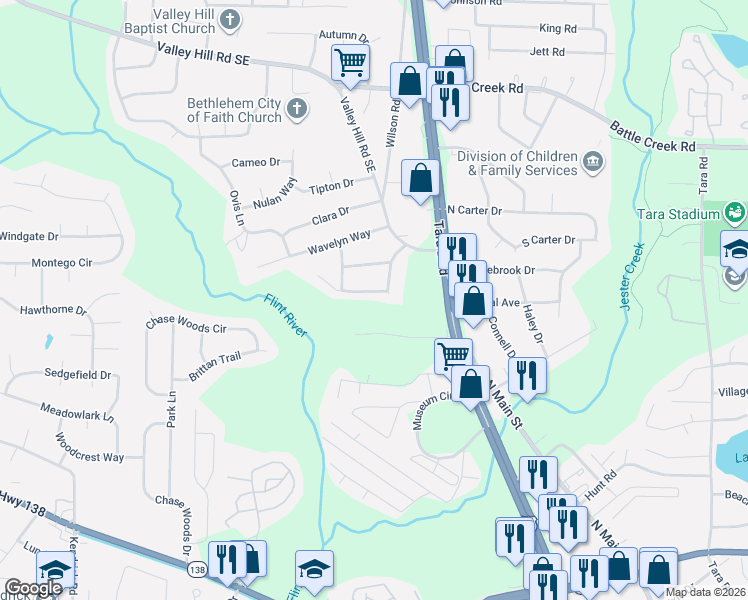map of restaurants, bars, coffee shops, grocery stores, and more near 7577 Tara Boulevard in Jonesboro