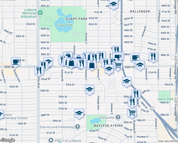 map of restaurants, bars, coffee shops, grocery stores, and more near 2101 51st Street in Lubbock