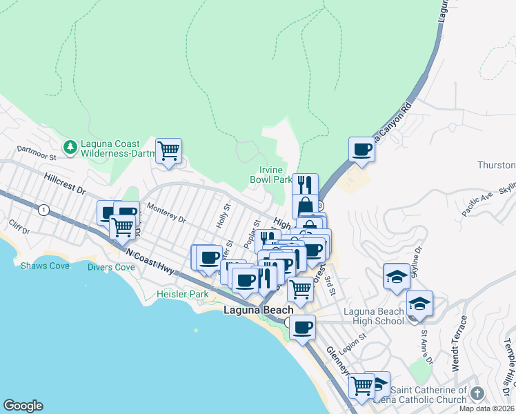map of restaurants, bars, coffee shops, grocery stores, and more near 260 High Drive in Laguna Beach