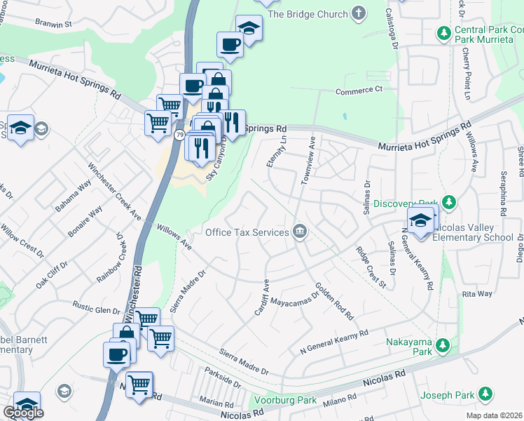 map of restaurants, bars, coffee shops, grocery stores, and more near 39320 Beringer Drive in Murrieta
