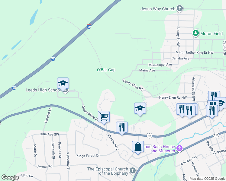 map of restaurants, bars, coffee shops, grocery stores, and more near 1100 Oak Trail Way in Leeds
