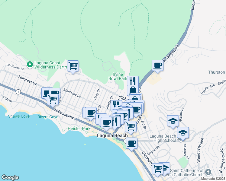 map of restaurants, bars, coffee shops, grocery stores, and more near 250 High Drive in Laguna Beach