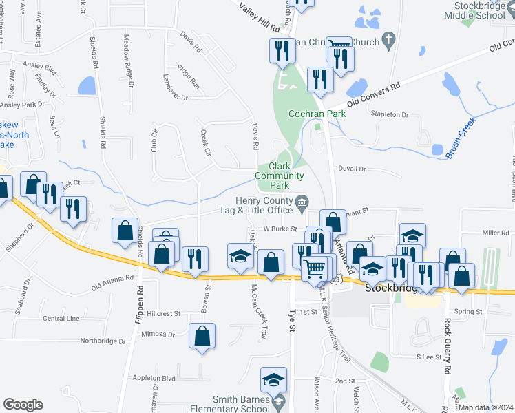 map of restaurants, bars, coffee shops, grocery stores, and more near 134 Turning Point in Stockbridge
