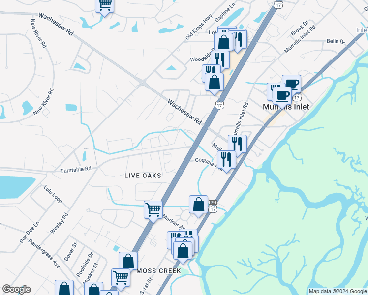 map of restaurants, bars, coffee shops, grocery stores, and more near 4514 County Road S-22-277 in Murrells Inlet