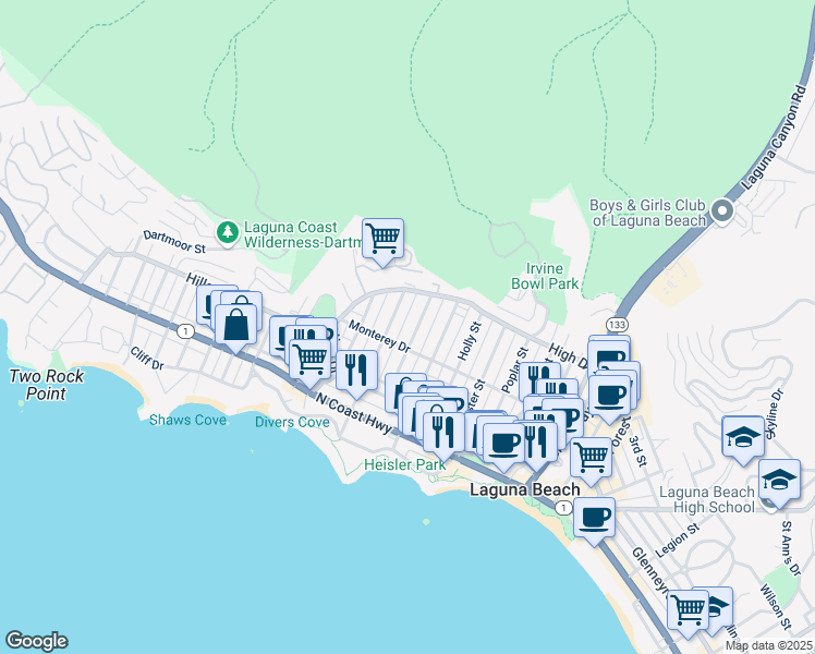 map of restaurants, bars, coffee shops, grocery stores, and more near 436 Locust Street in Laguna Beach