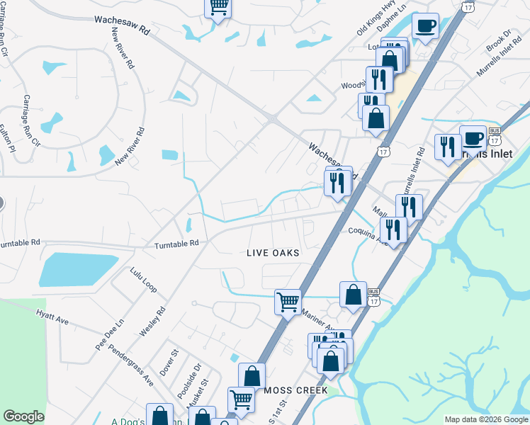 map of restaurants, bars, coffee shops, grocery stores, and more near 4653 Wesley Road in Murrells Inlet