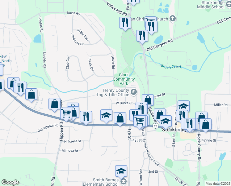 map of restaurants, bars, coffee shops, grocery stores, and more near 111 West Burke Street in Stockbridge