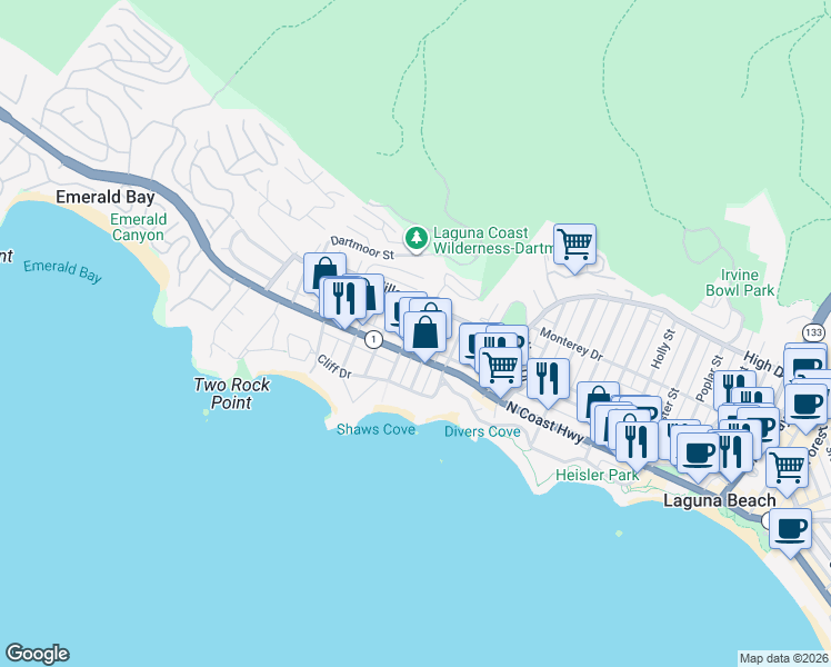 map of restaurants, bars, coffee shops, grocery stores, and more near 241 Fairview Street in Laguna Beach
