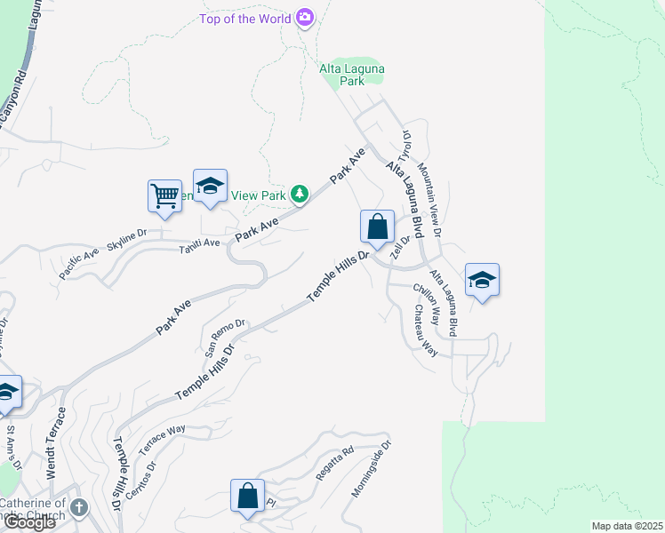 map of restaurants, bars, coffee shops, grocery stores, and more near 2516 Temple Hills Drive in Laguna Beach