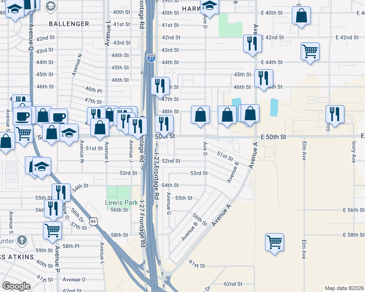 map of restaurants, bars, coffee shops, grocery stores, and more near 527 51st Street in Lubbock