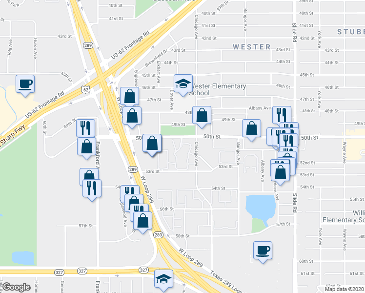 map of restaurants, bars, coffee shops, grocery stores, and more near 5501 50th Street in Lubbock