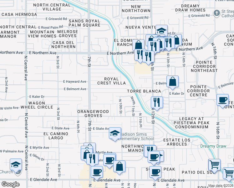 map of restaurants, bars, coffee shops, grocery stores, and more near 814 East Circle Road in Phoenix