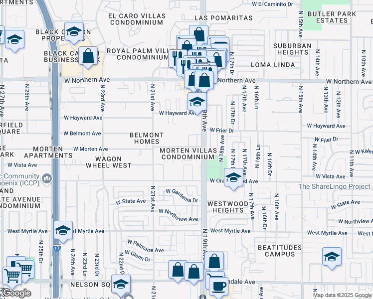 map of restaurants, bars, coffee shops, grocery stores, and more near 1935 West Morten Avenue in Phoenix