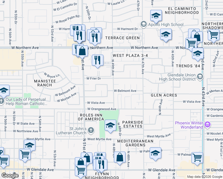 map of restaurants, bars, coffee shops, grocery stores, and more near 7604 North 49th Avenue in Glendale
