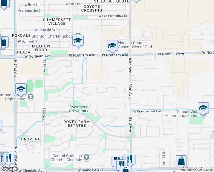map of restaurants, bars, coffee shops, grocery stores, and more near 7702 North 84th Lane in Glendale