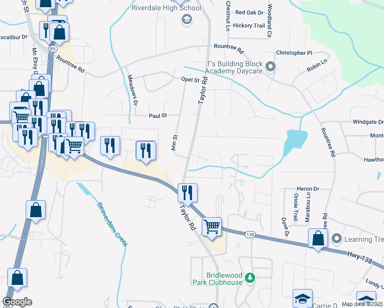 map of restaurants, bars, coffee shops, grocery stores, and more near 7640 Taylor Road in Riverdale