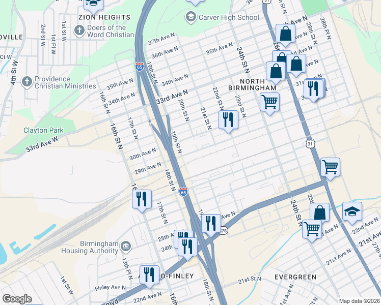 map of restaurants, bars, coffee shops, grocery stores, and more near 1901 29th Avenue North in Birmingham